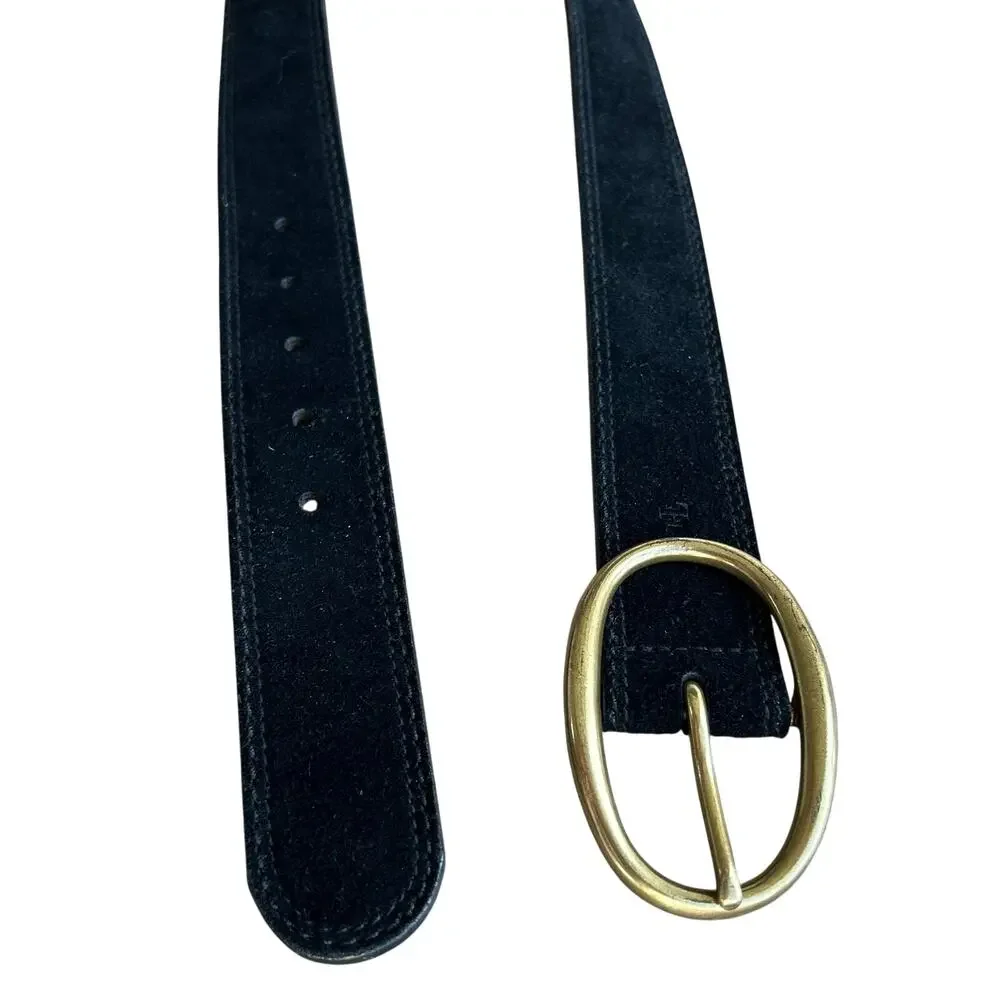 Lauren Ralph Lauren Black Suede Leather Belt Solid Brass Oval Buckle Size Medium